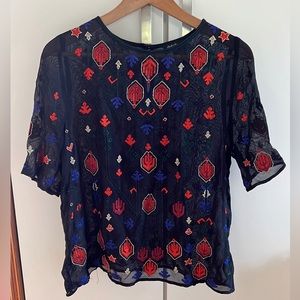 Lucky brand black embroidered sheer top